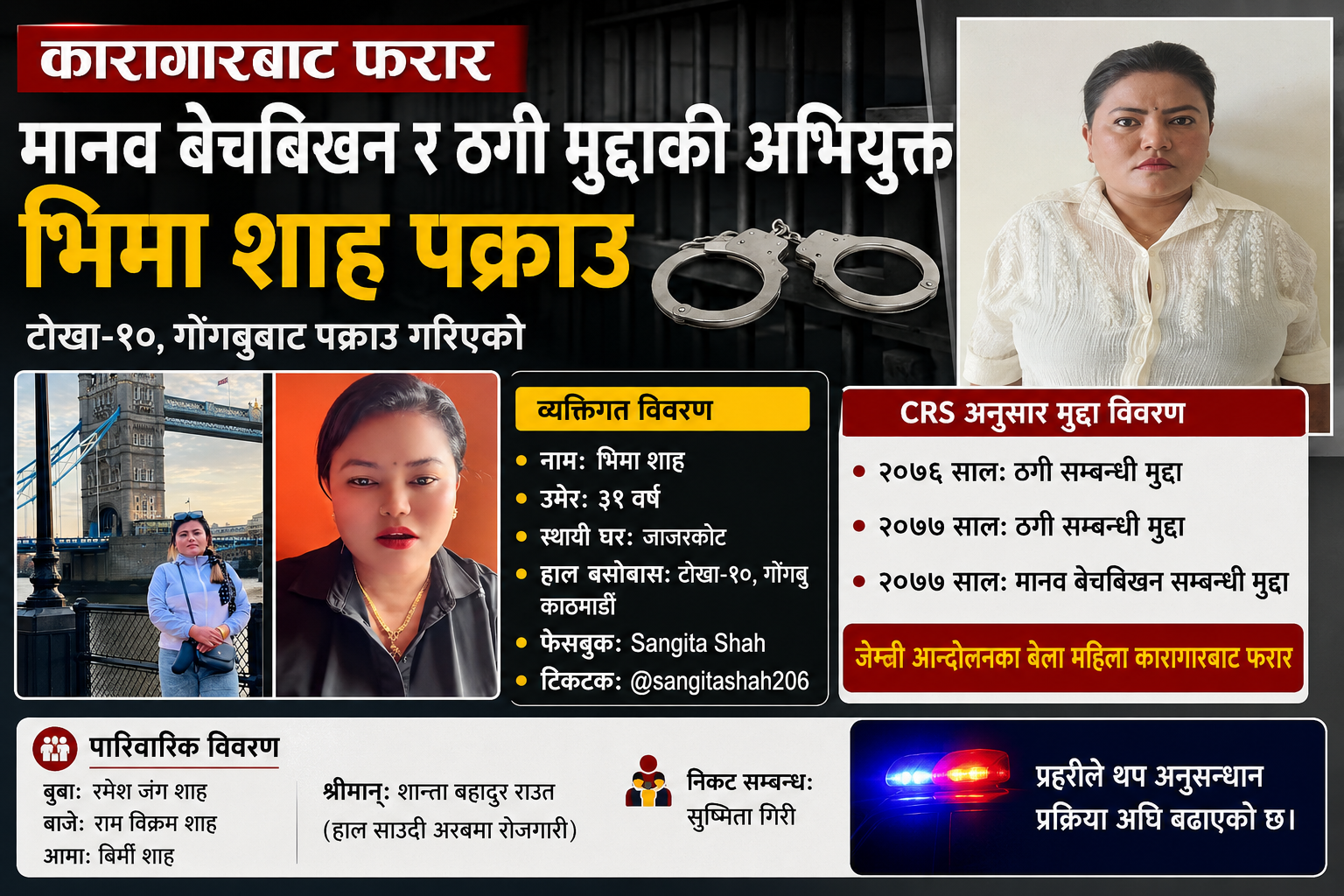 मानव बेचबिखन मुद्दा : कारागारबाट फरार भएकी भिमा शाह पक्राउ